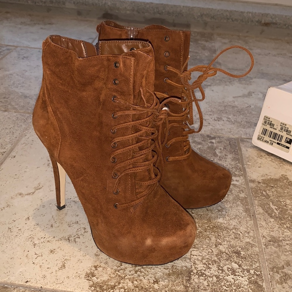 Deep Cognac microsuede platform tie-up/ zip booties